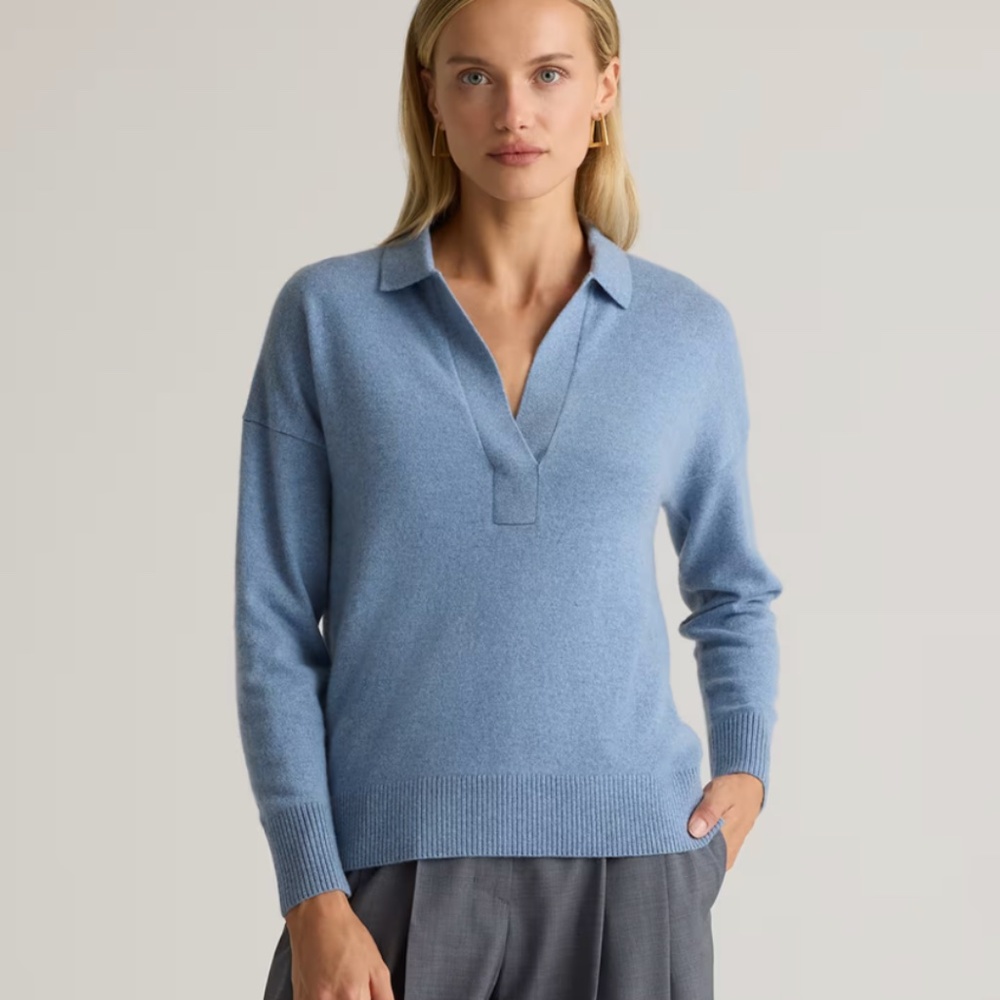 Quince 100% Mongolian Cashmere Polo Sweater Women’s Large Light Blue Spring Pull